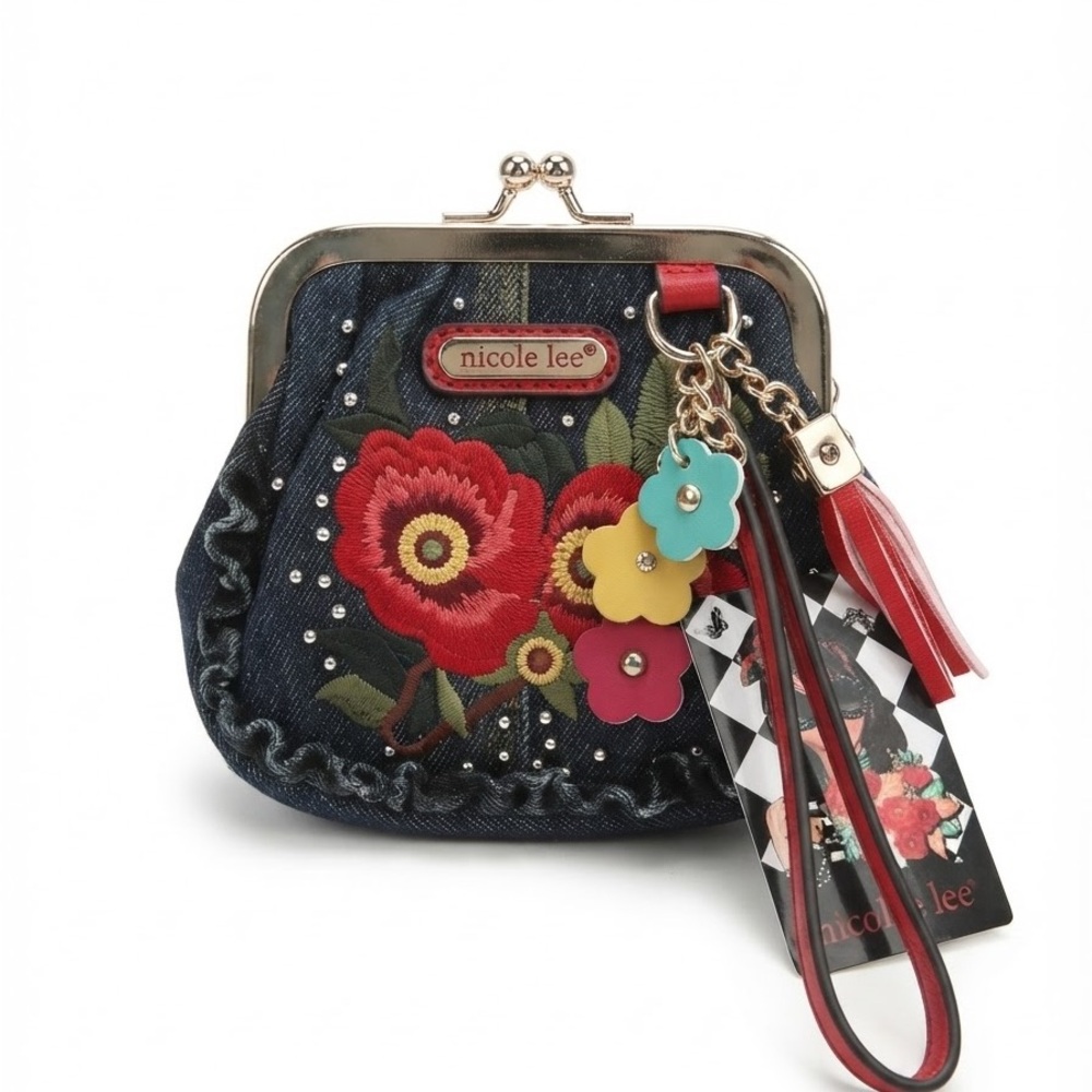 NWT Nicole Lee Denim Mini Coin Purse Wristlet Floral Embroidered Kiss Lock